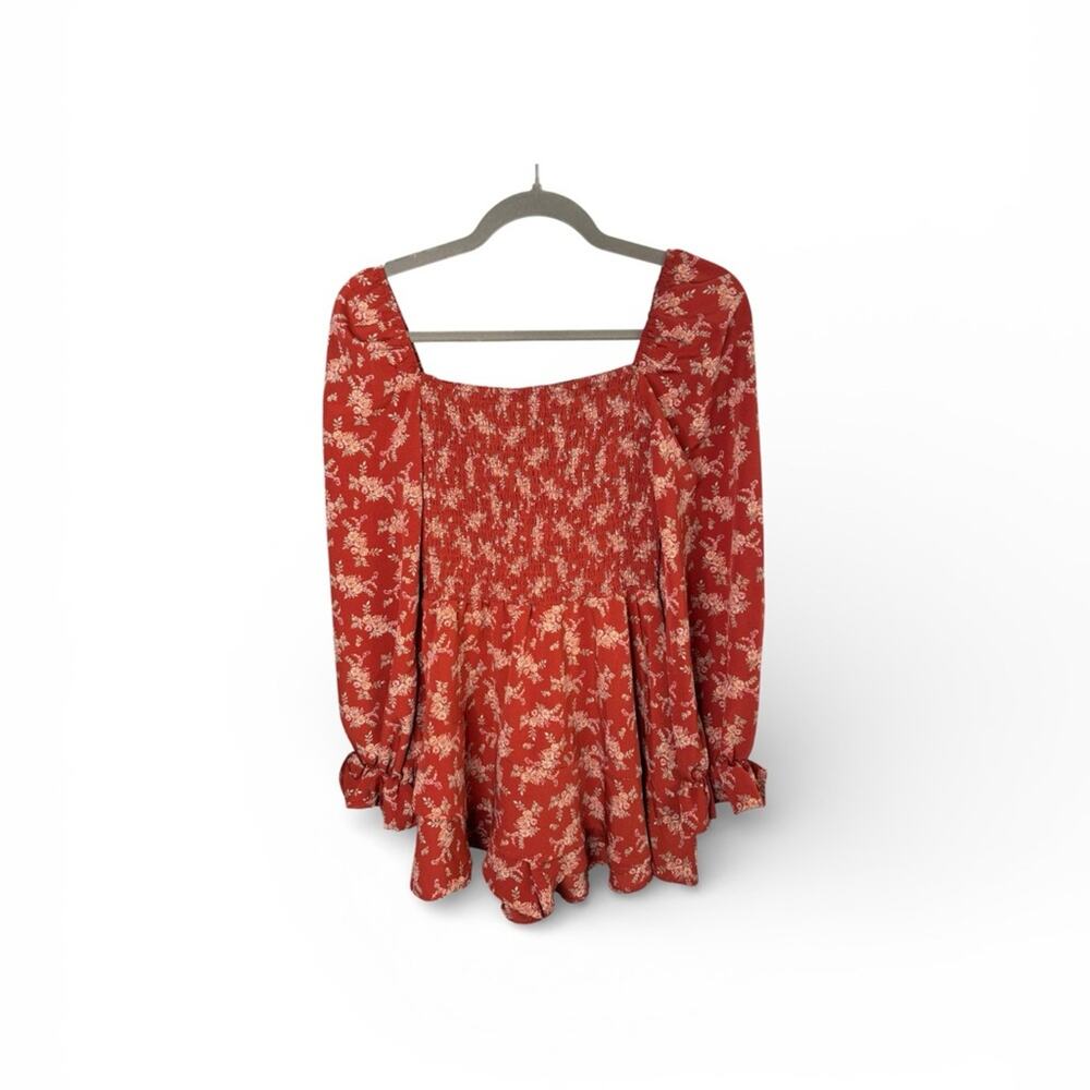 Altar’d State Burnt Orange Floral Long Sleeve Romper Ruffle Smocked Size S